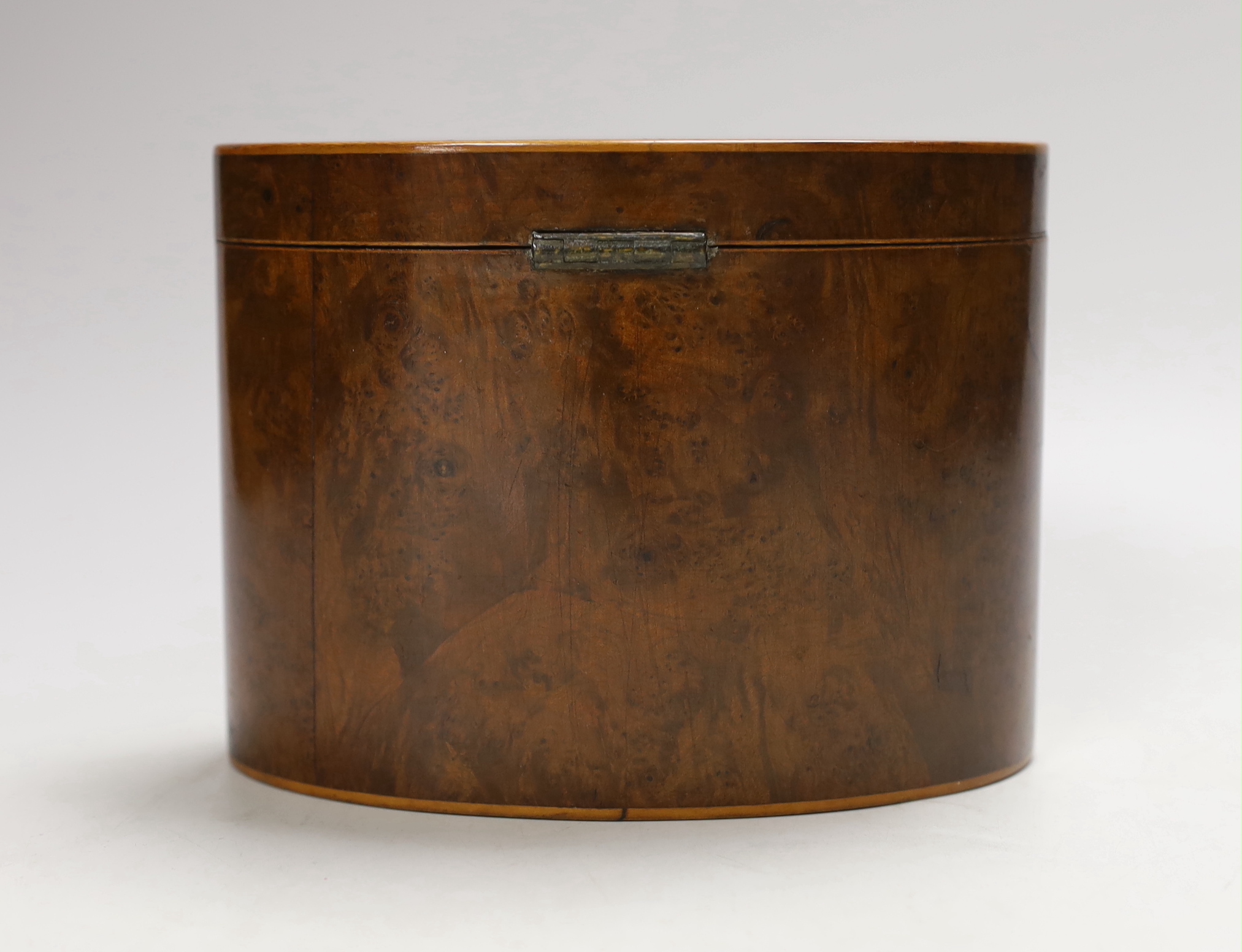 A George III Sheraton period burr walnut and marquetry elliptical tea caddy, 15cm wide